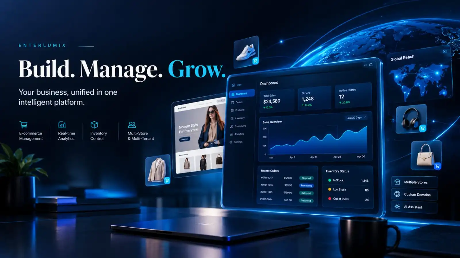 Enterlumix commerce concept with a storefront and business dashboard
