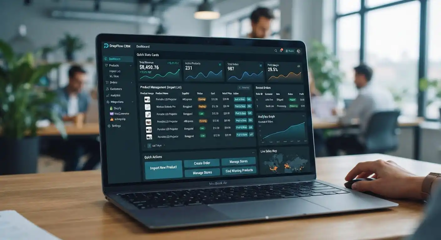 Illustrative merchant dashboard on a laptop